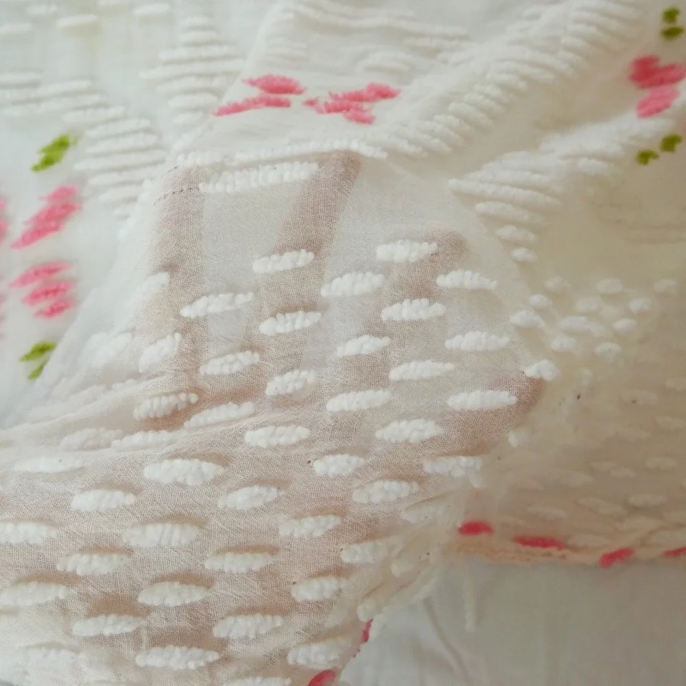 Vintage White Chenille Bedspread Pink Green Floral Tufted Fringe Twin 99x71
